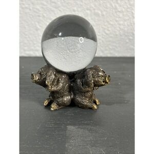 Vintage Brass? Trio Circle of Pigs Holding Glass Sphere Heavy EUC